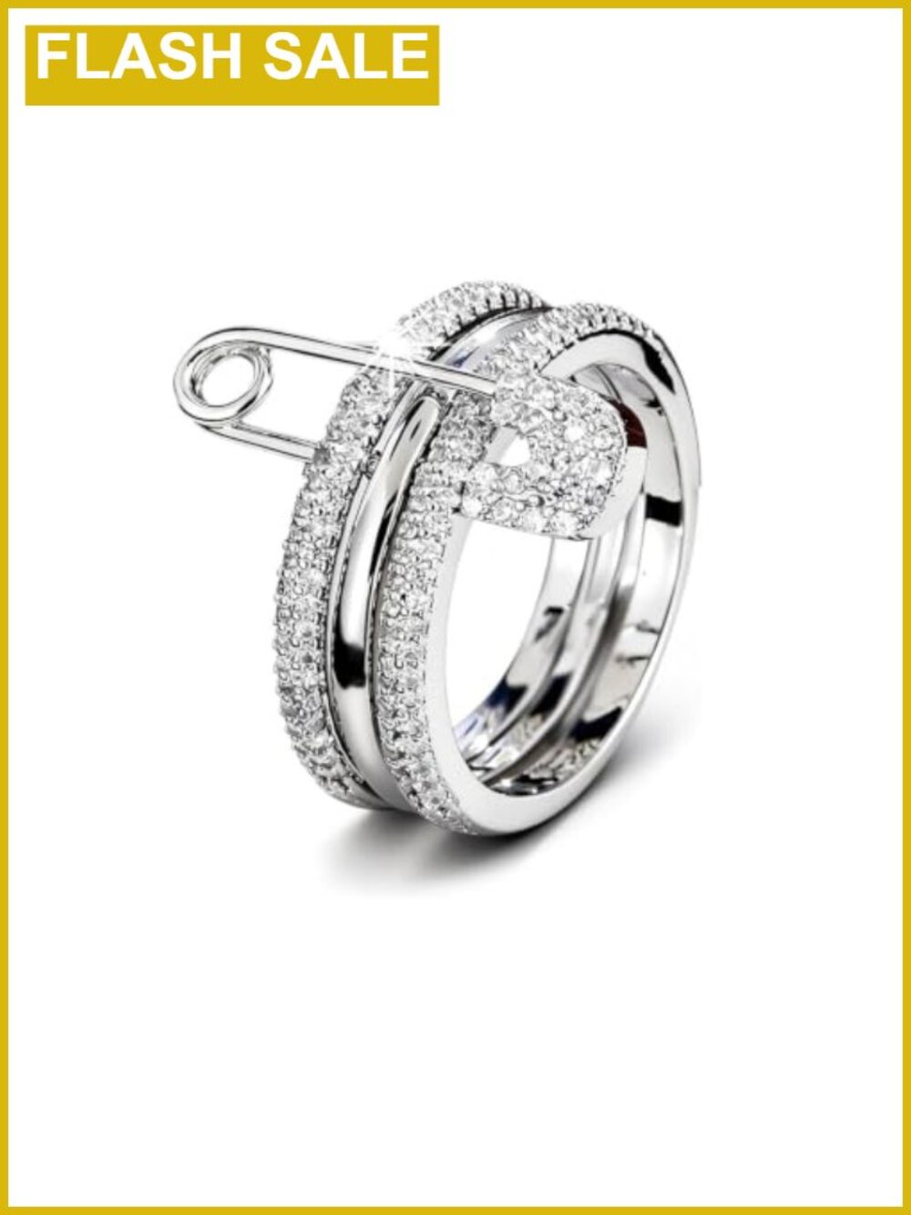 3-Piece Stackable Safety Pin Ring Set Cubic Zirconia Gold Silver Finish